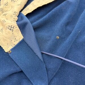 Vintage Illa Navy Velour Wrap Robe: Lace Shawl Collar, Made in USA Retro Lounge